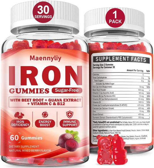 Iron Gummies Supplement for Women with Vitamin C, Beet Root, Guava, B6, B12, D3, Folate, Calcium, Zinc, and Turmeric - High Absorption Energy and Immune Support for Iron Deficiency