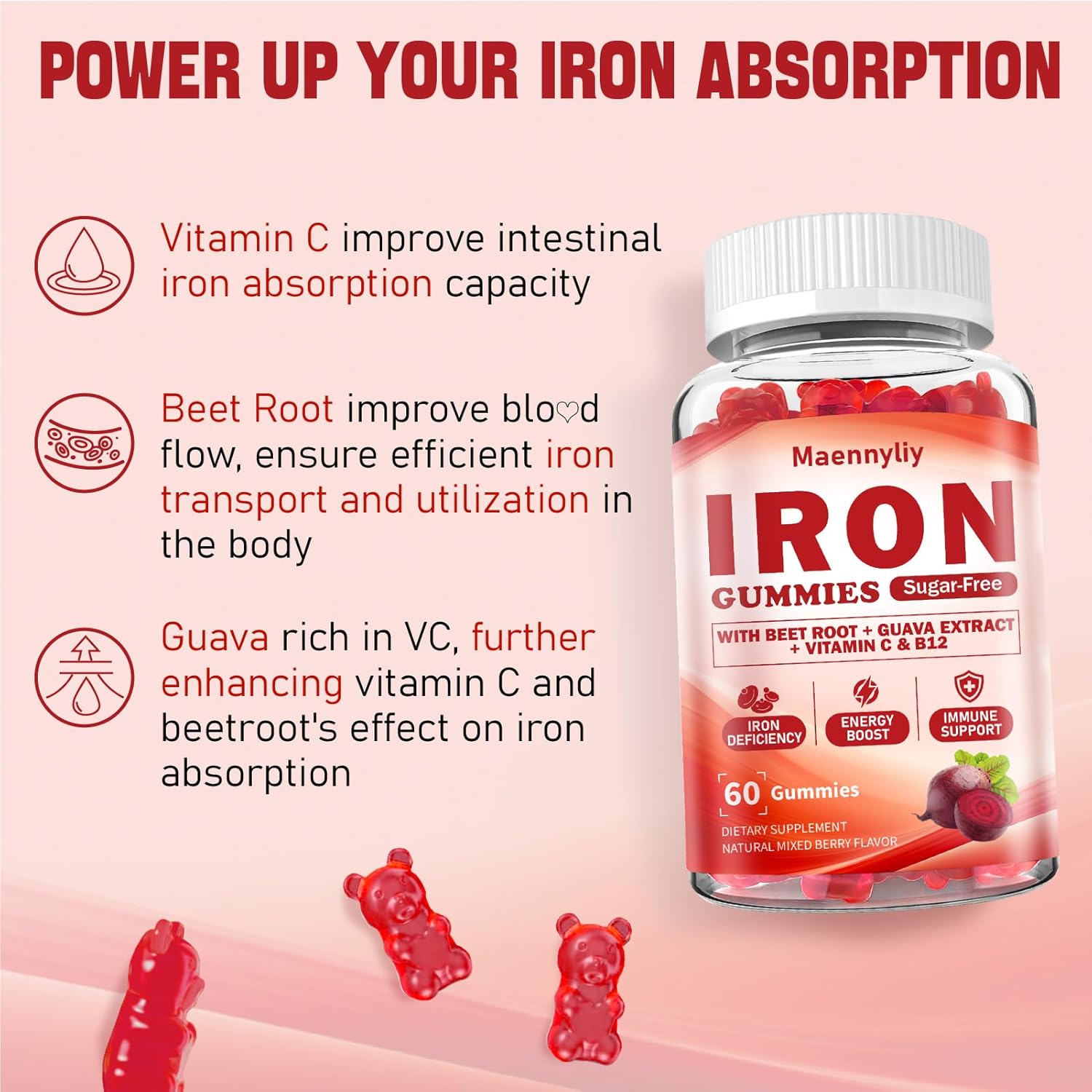 Iron Gummies Supplement for Women with Vitamin C, Beet Root, Guava, B6, B12, D3, Folate, Calcium, Zinc, and Turmeric - High Absorption Energy and Immune Support for Iron Deficiency