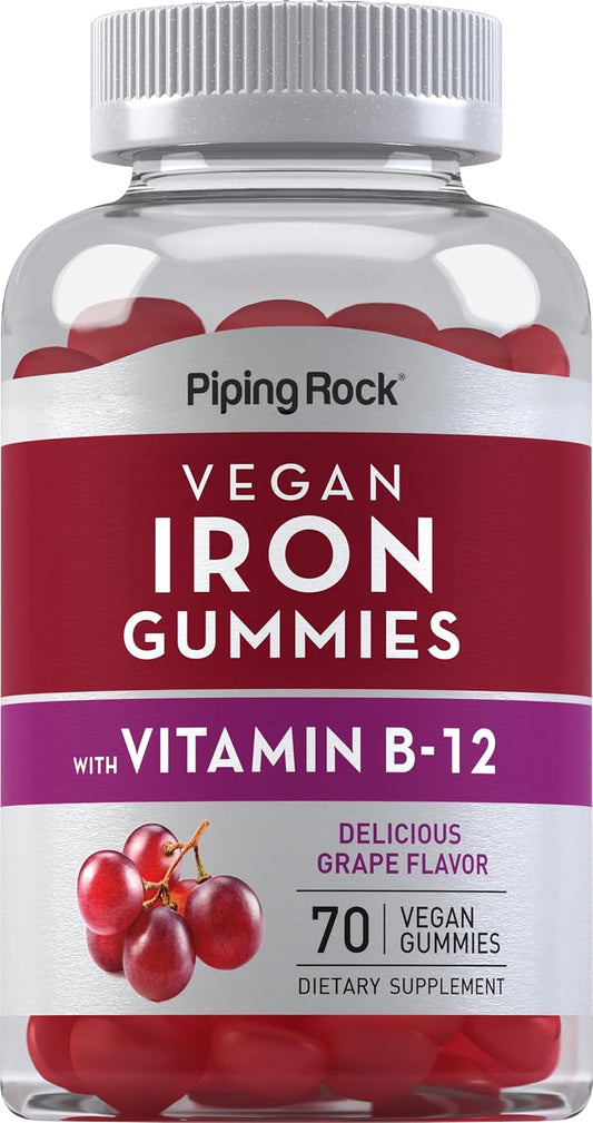 Iron Gummies Supplement with Vitamin B12 for Women and Men - 70 Count - Grape Flavor - Vegan, Non-GMO, Gluten Free - Piping Rock