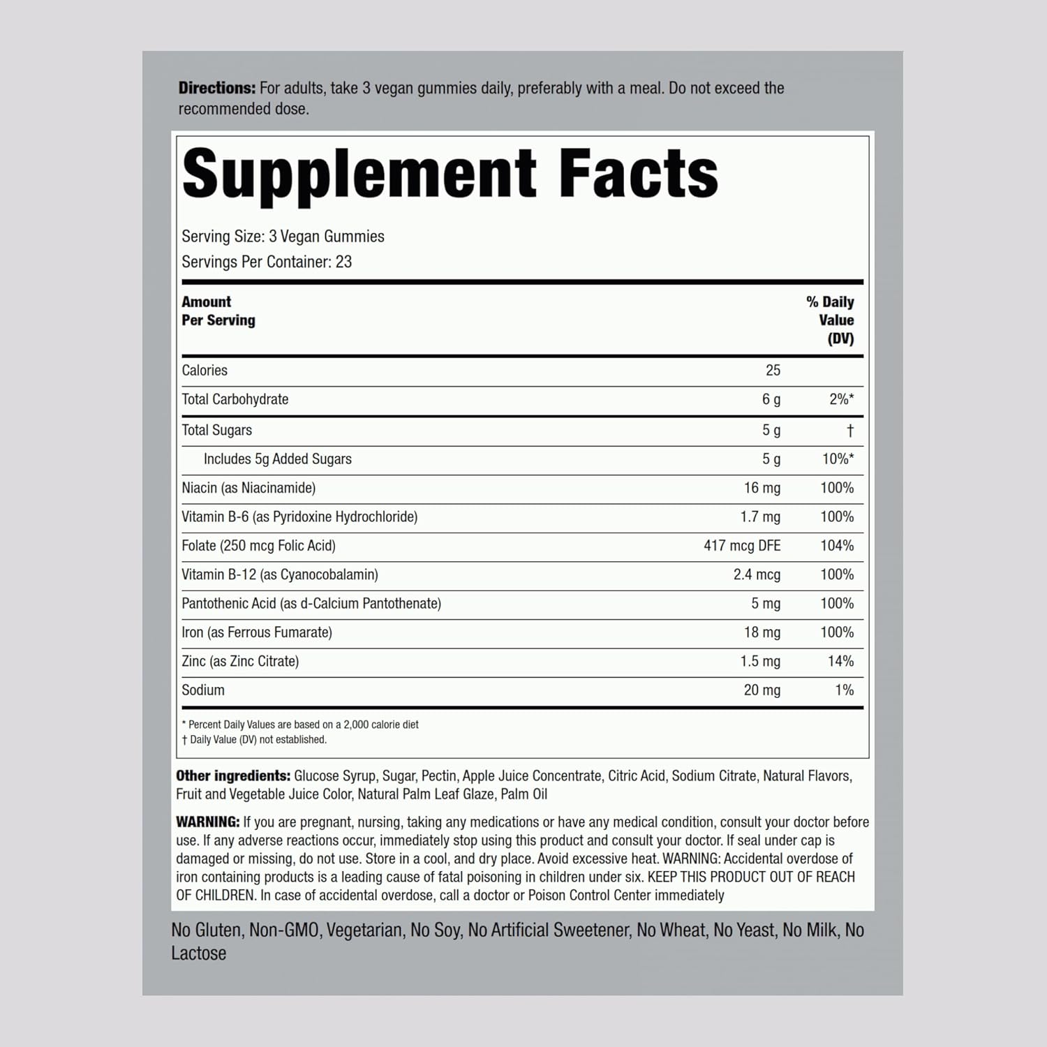 Iron Gummies Supplement with Vitamin B12 for Women and Men - 70 Count - Grape Flavor - Vegan, Non-GMO, Gluten Free - Piping Rock