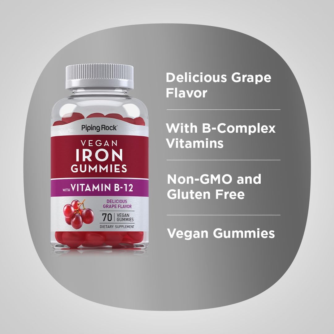 Iron Gummies Supplement with Vitamin B12 for Women and Men - 70 Count - Grape Flavor - Vegan, Non-GMO, Gluten Free - Piping Rock