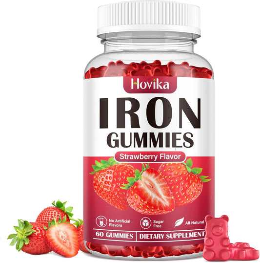 Iron Gummies Supplement with Vitamin C, B12, Folate for Women, Men, Kids - Blood Builder & Energy Support - Sugar Free Strawberry Flavor - 60 Gummies