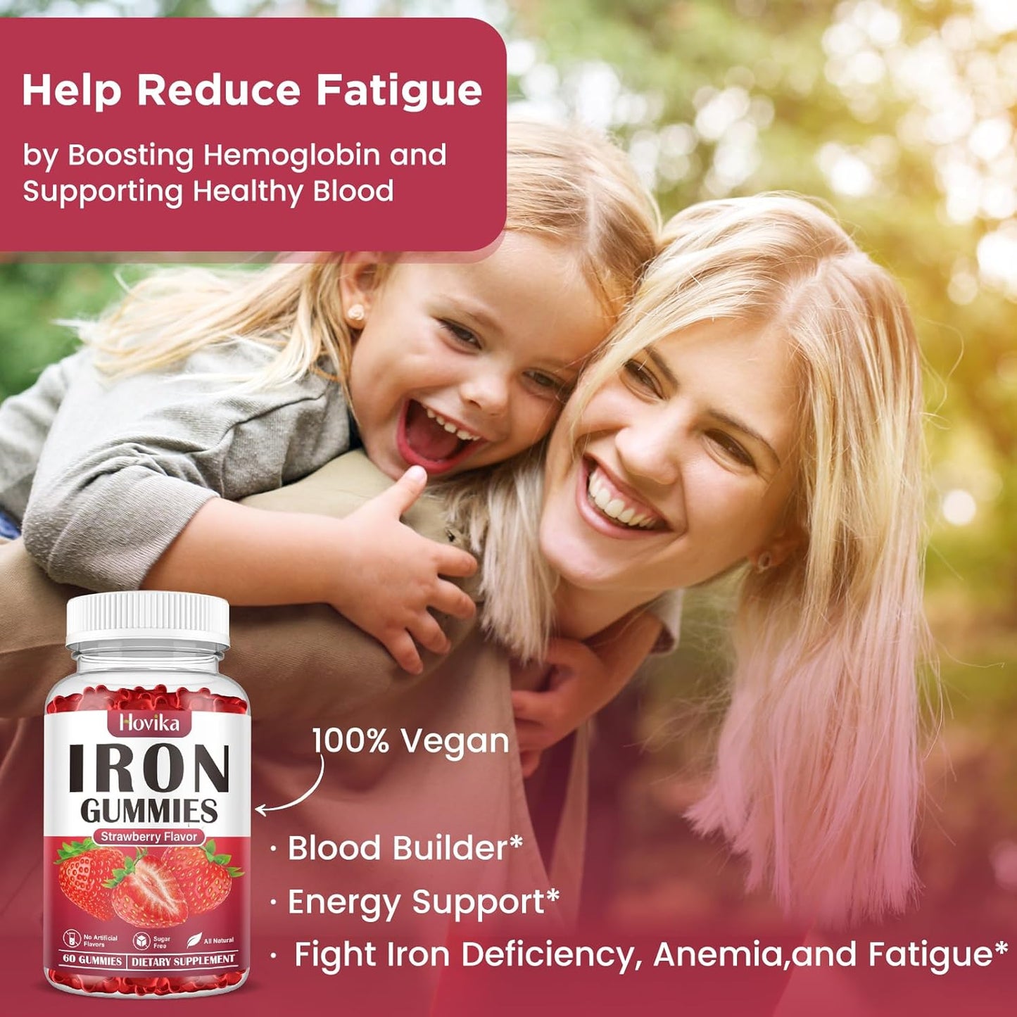 Iron Gummies Supplement with Vitamin C, B12, Folate for Women, Men, Kids - Blood Builder & Energy Support - Sugar Free Strawberry Flavor - 60 Gummies