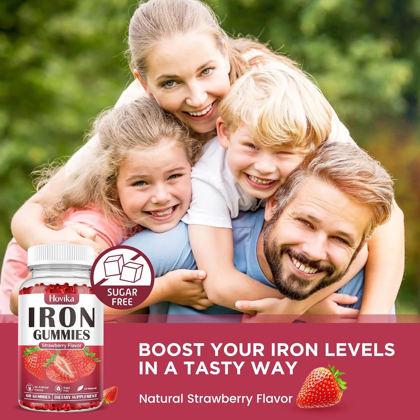 Iron Gummies Supplement with Vitamin C, B12, Folate for Women, Men, Kids - Blood Builder & Energy Support - Sugar Free Strawberry Flavor - 60 Gummies