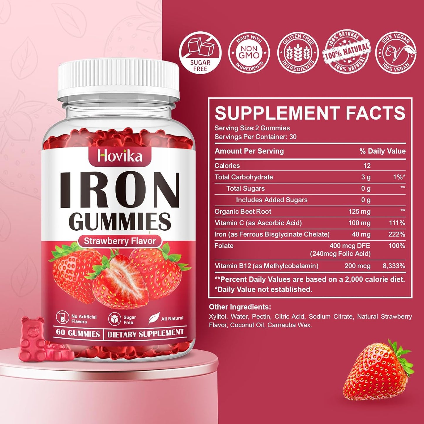 Iron Gummies Supplement with Vitamin C, B12, Folate for Women, Men, Kids - Blood Builder & Energy Support - Sugar Free Strawberry Flavor - 60 Gummies