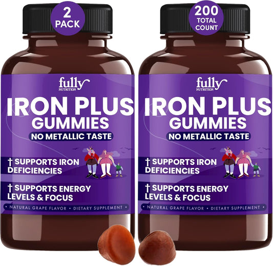 Iron Gummies Supplements for Adults and Kids - Grape Flavor - Supports Anemia, Energy, and Focus - 200 Count