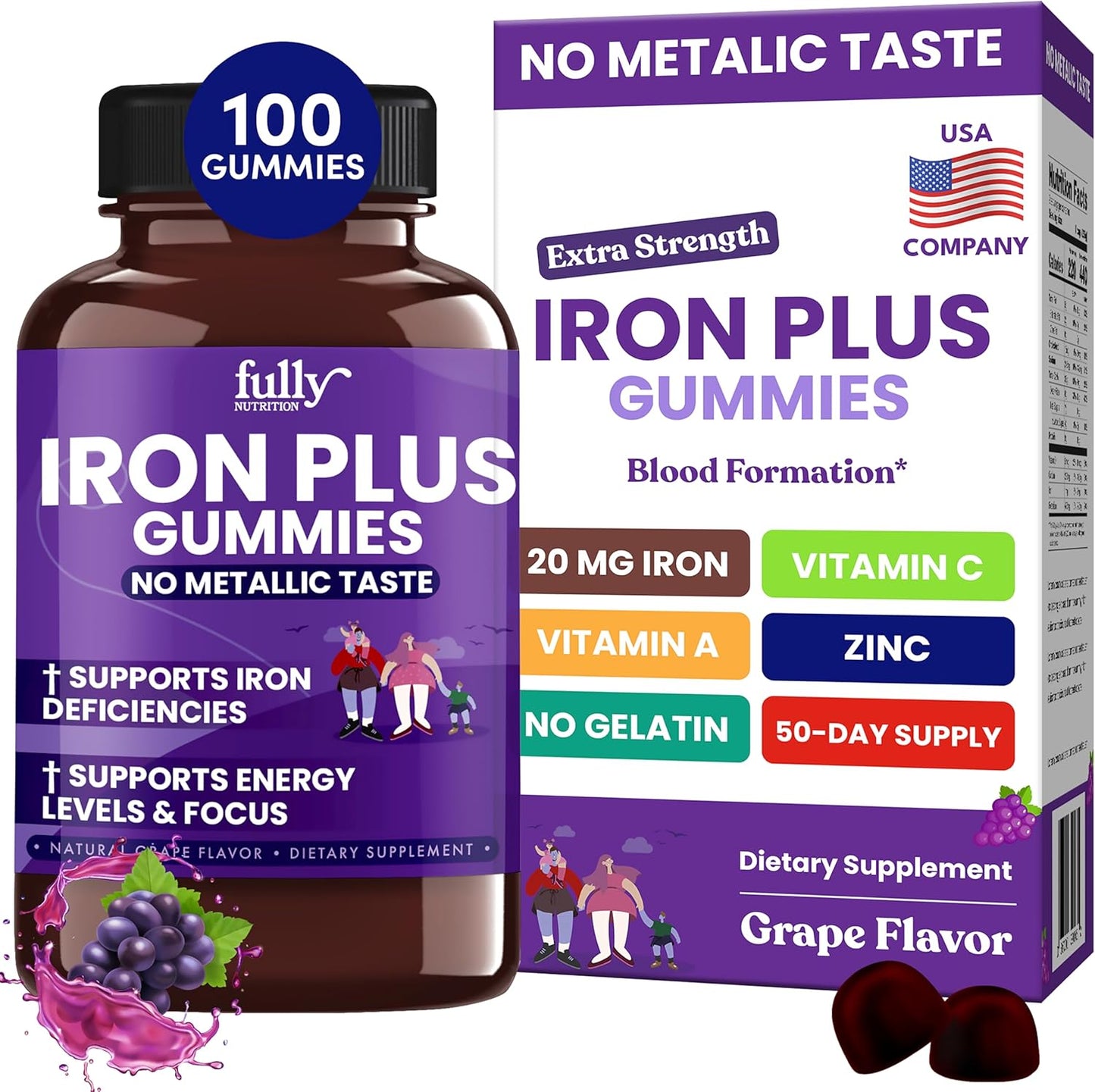 Iron Gummies Supplements for Adults and Kids - Grape Flavor, 100 Count - Boosts Energy, Focus, Anemia Support