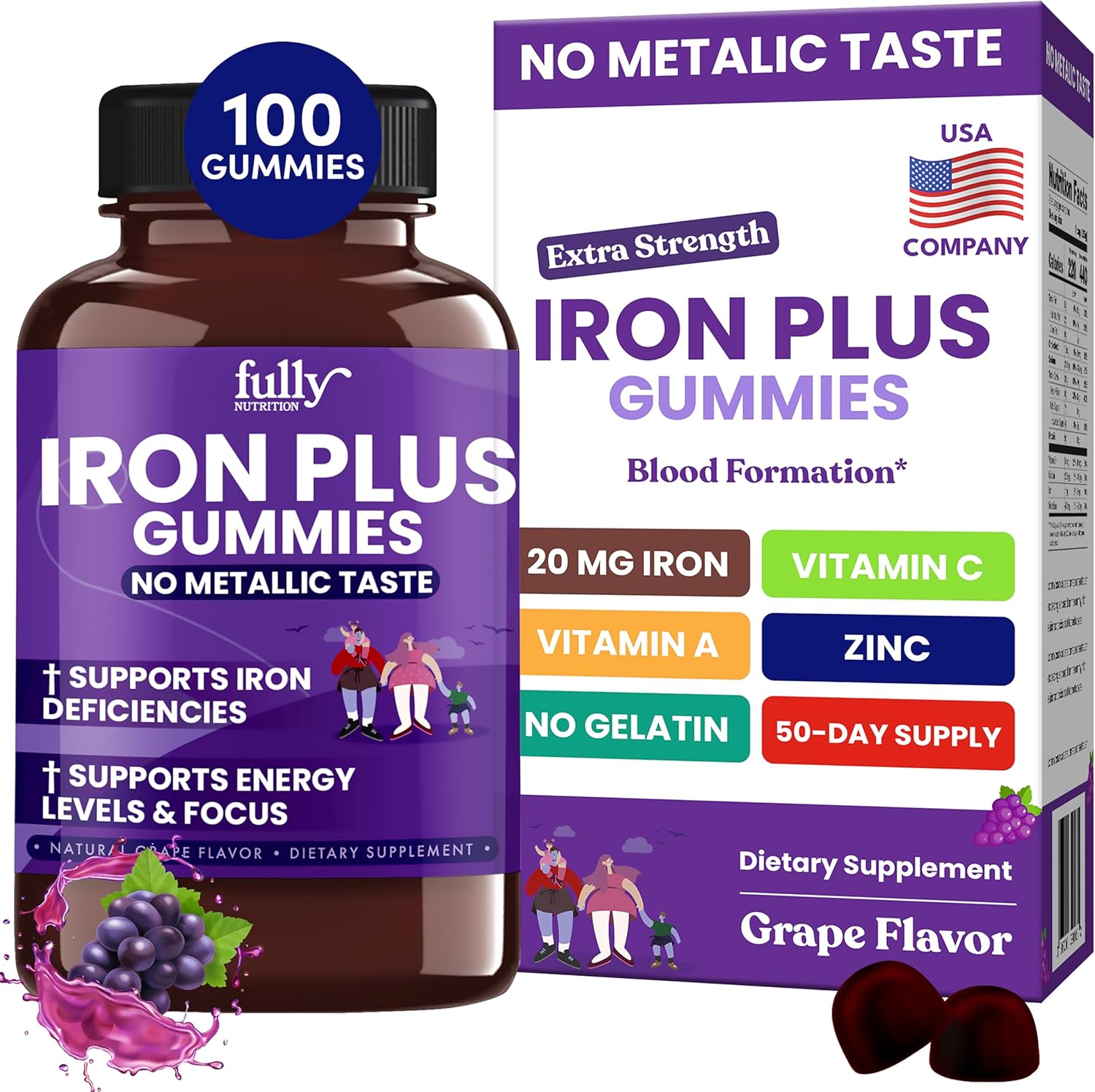 Iron Gummies Supplements for Adults and Kids - Grape Flavor, 100 Count - Boosts Energy, Focus, Anemia Support