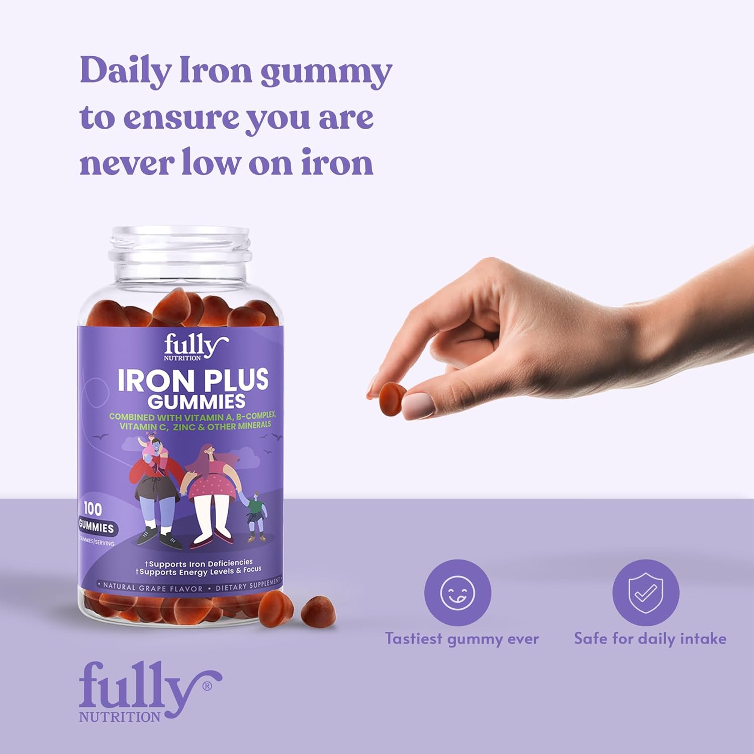 Iron Gummies Supplements for Adults and Kids - Grape Flavor - Supports Anemia, Energy, and Focus - 200 Count