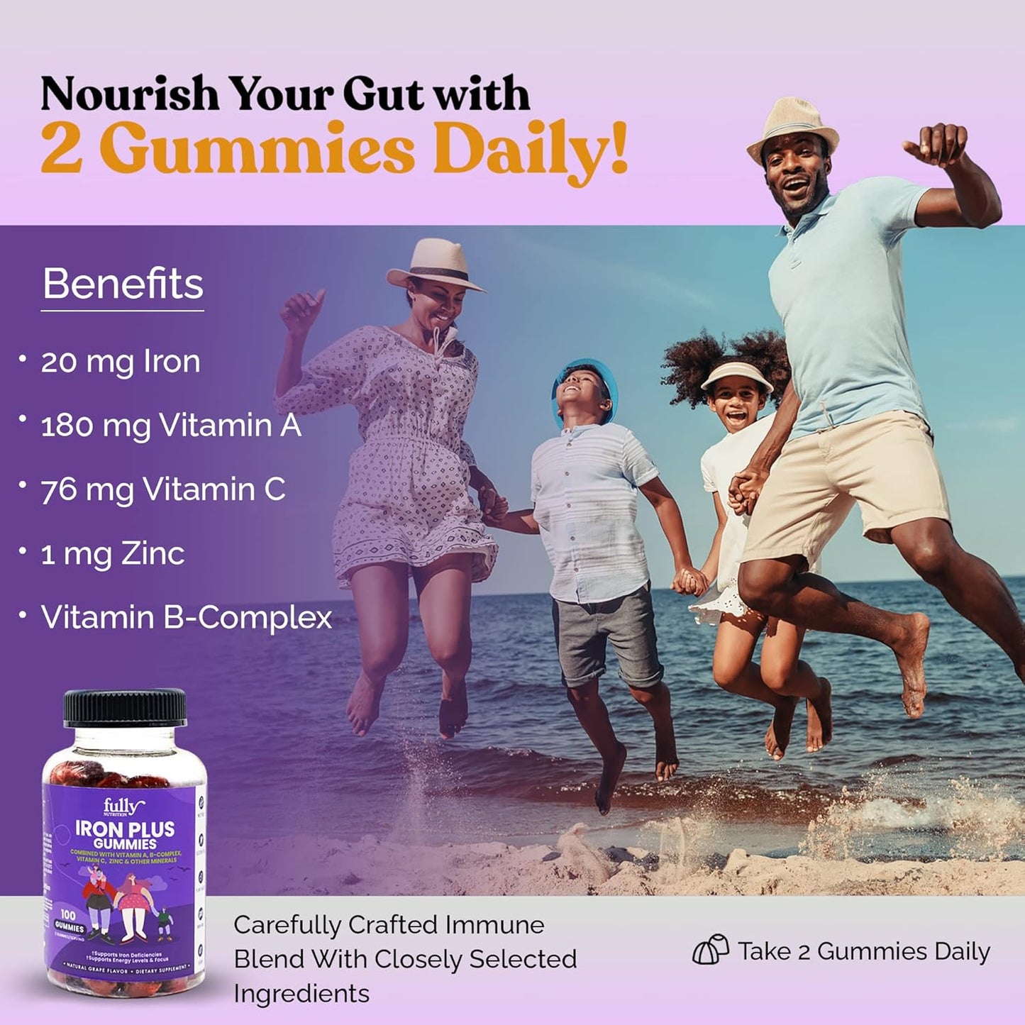Iron Gummies Supplements for Adults and Kids - Grape Flavor, 100 Count - Boosts Energy, Focus, Anemia Support