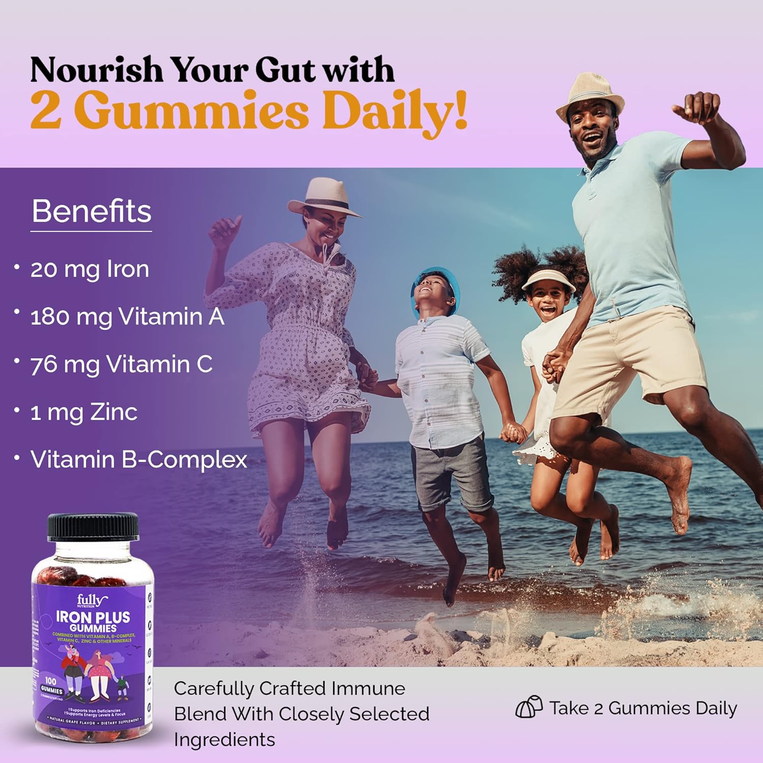 Iron Gummies Supplements for Adults and Kids - Grape Flavor, 100 Count - Boosts Energy, Focus, Anemia Support
