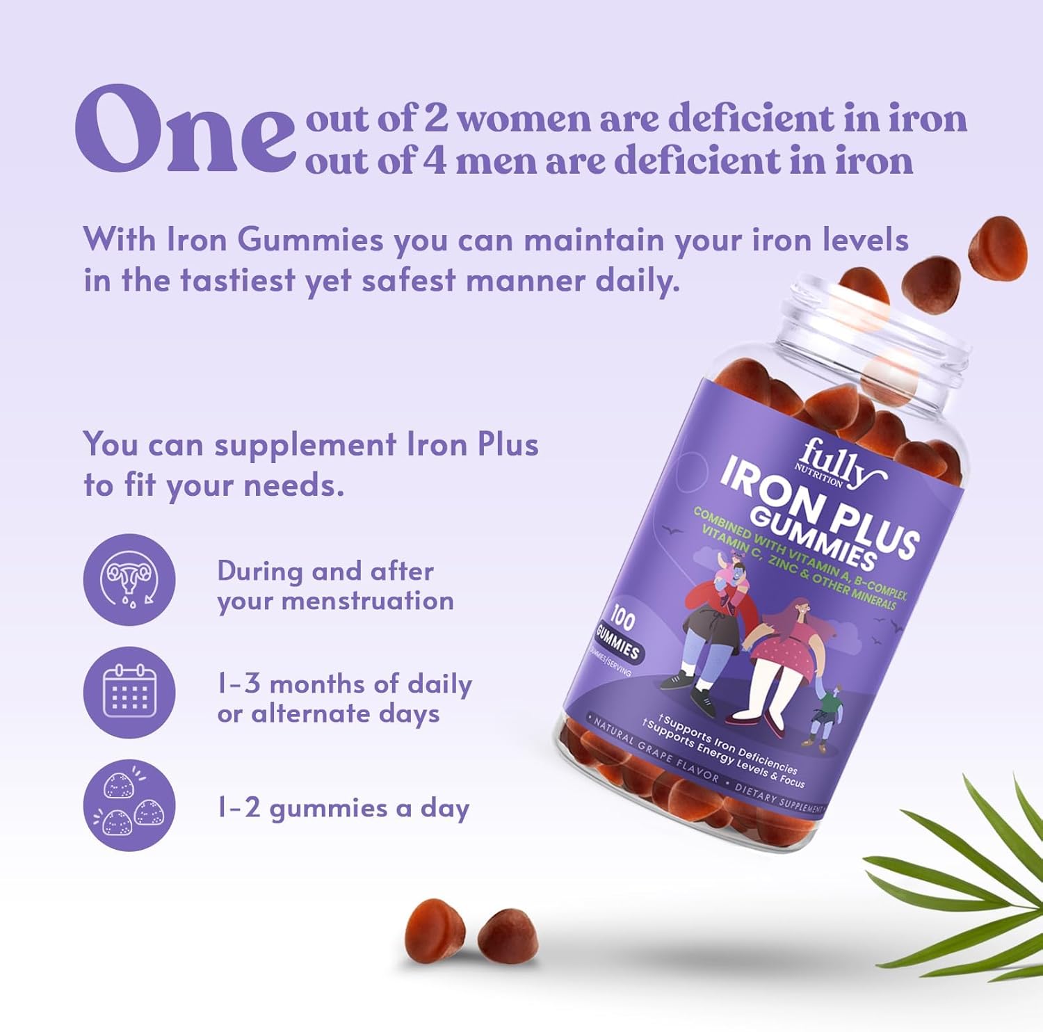 Iron Gummies Supplements for Adults and Kids - Grape Flavor - Supports Anemia, Energy, and Focus - 200 Count
