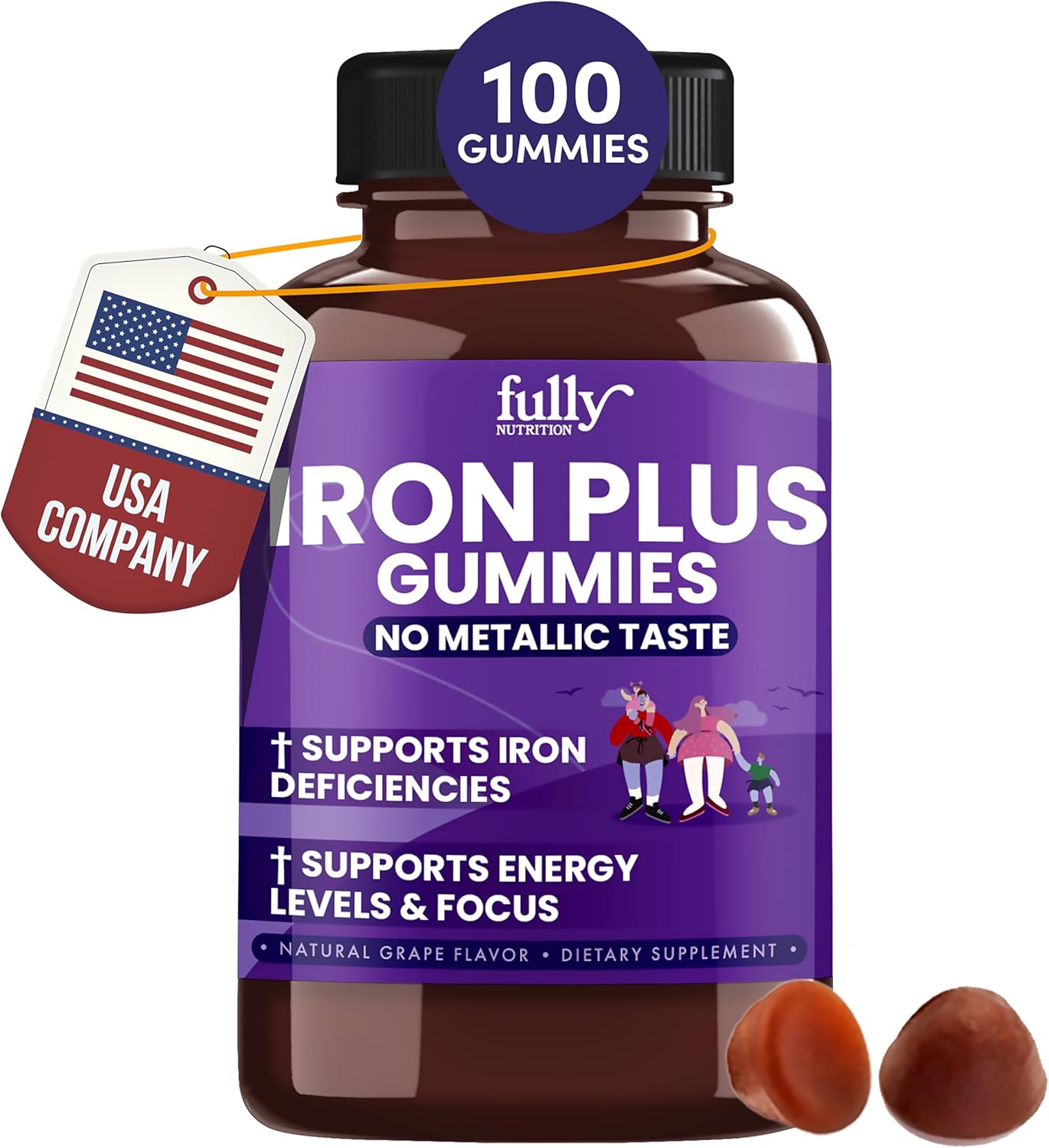 Iron Gummies Supplements for Adults and Kids - Grape Flavor, 100 Count - Boosts Energy, Focus, Anemia Support