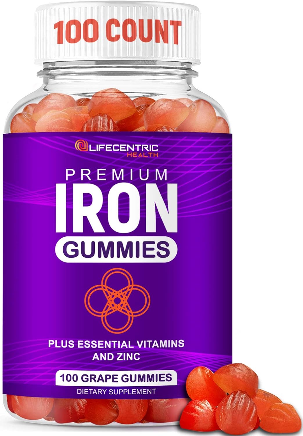 Iron Gummies with Biotin, Zinc, Vitamin B, and Folic Acid for Adults & Kids - Vegan & Gluten Free Energy Boosting Supplement for Anemia
