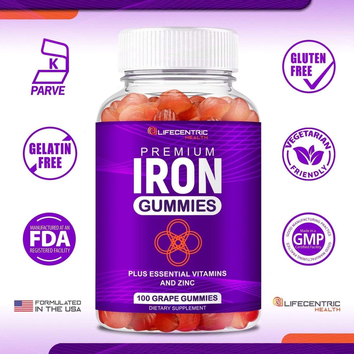 Iron Gummies with Biotin, Zinc, Vitamin B, and Folic Acid for Adults & Kids - Vegan & Gluten Free Energy Boosting Supplement for Anemia