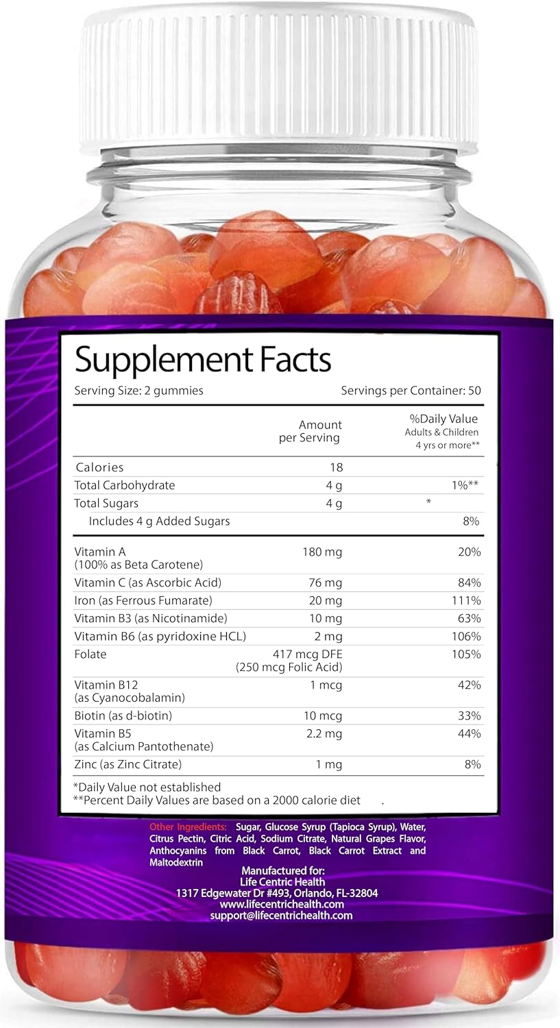 Iron Gummies with Biotin, Zinc, Vitamin B, and Folic Acid for Adults & Kids - Vegan & Gluten Free Energy Boosting Supplement for Anemia