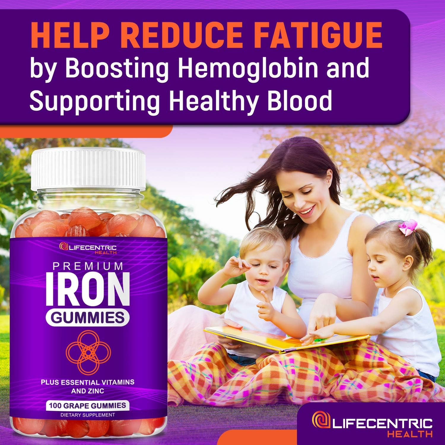 Iron Gummies with Biotin, Zinc, Vitamin B, and Folic Acid for Adults & Kids - Vegan & Gluten Free Energy Boosting Supplement for Anemia