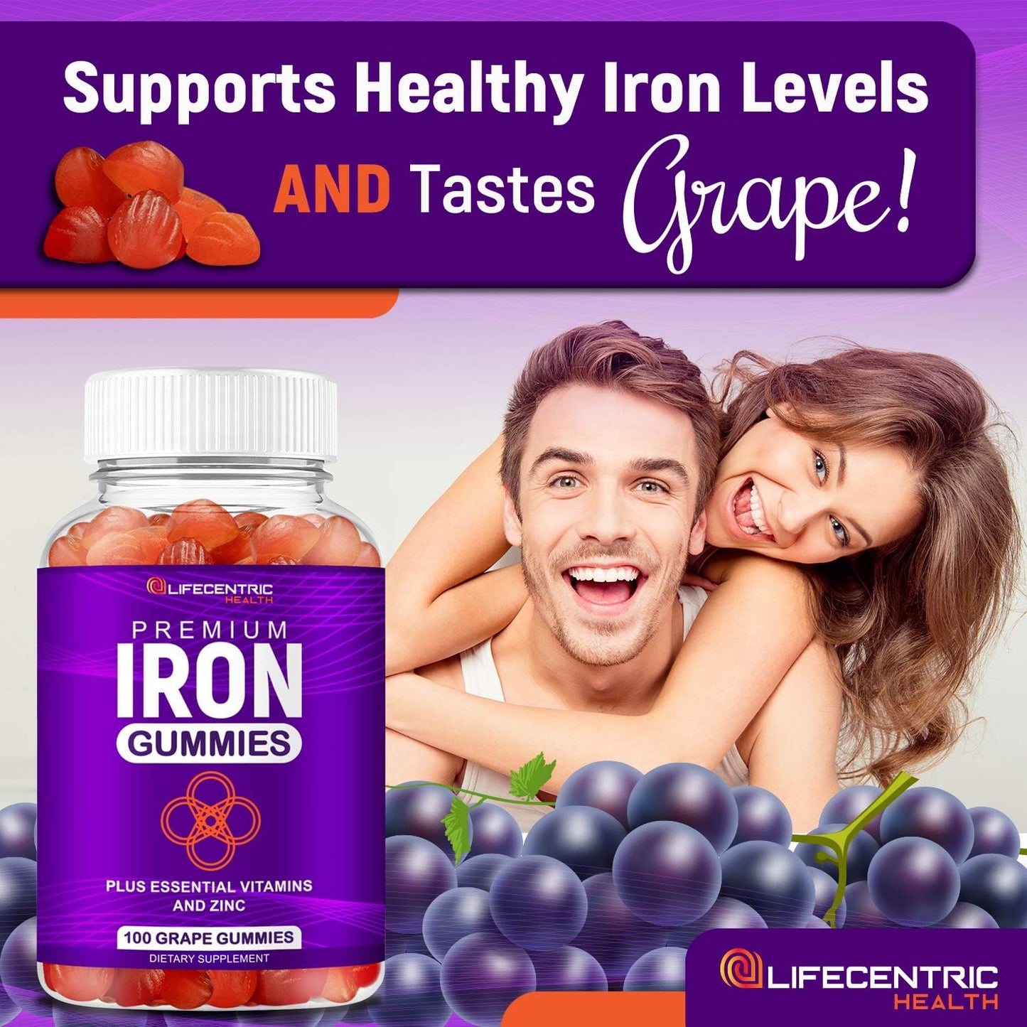 Iron Gummies with Biotin, Zinc, Vitamin B, and Folic Acid for Adults & Kids - Vegan & Gluten Free Energy Boosting Supplement for Anemia