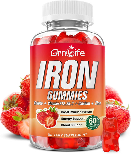 Iron Gummies with Calcium, Zinc, Folate, B12, C, B6 - Sugar Free Supplement for Blood Building & Energy Support - Anemia Relief - Strawberry Flavor - 60 Count