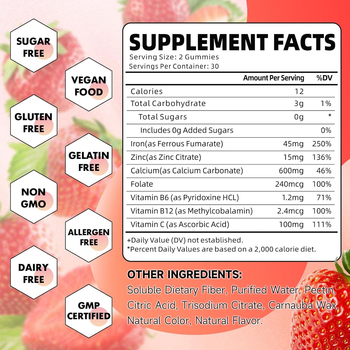 Iron Gummies with Calcium, Zinc, Folate, B12, C, B6 - Sugar Free Supplement for Blood Building & Energy Support - Anemia Relief - Strawberry Flavor - 60 Count