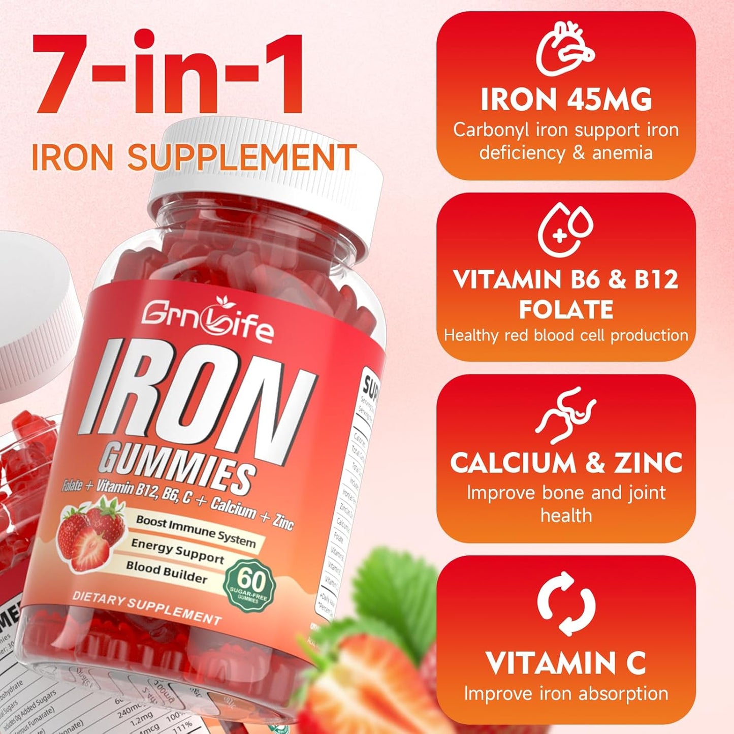 Iron Gummies with Calcium, Zinc, Folate, B12, C, B6 - Sugar Free Supplement for Blood Building & Energy Support - Anemia Relief - Strawberry Flavor - 60 Count