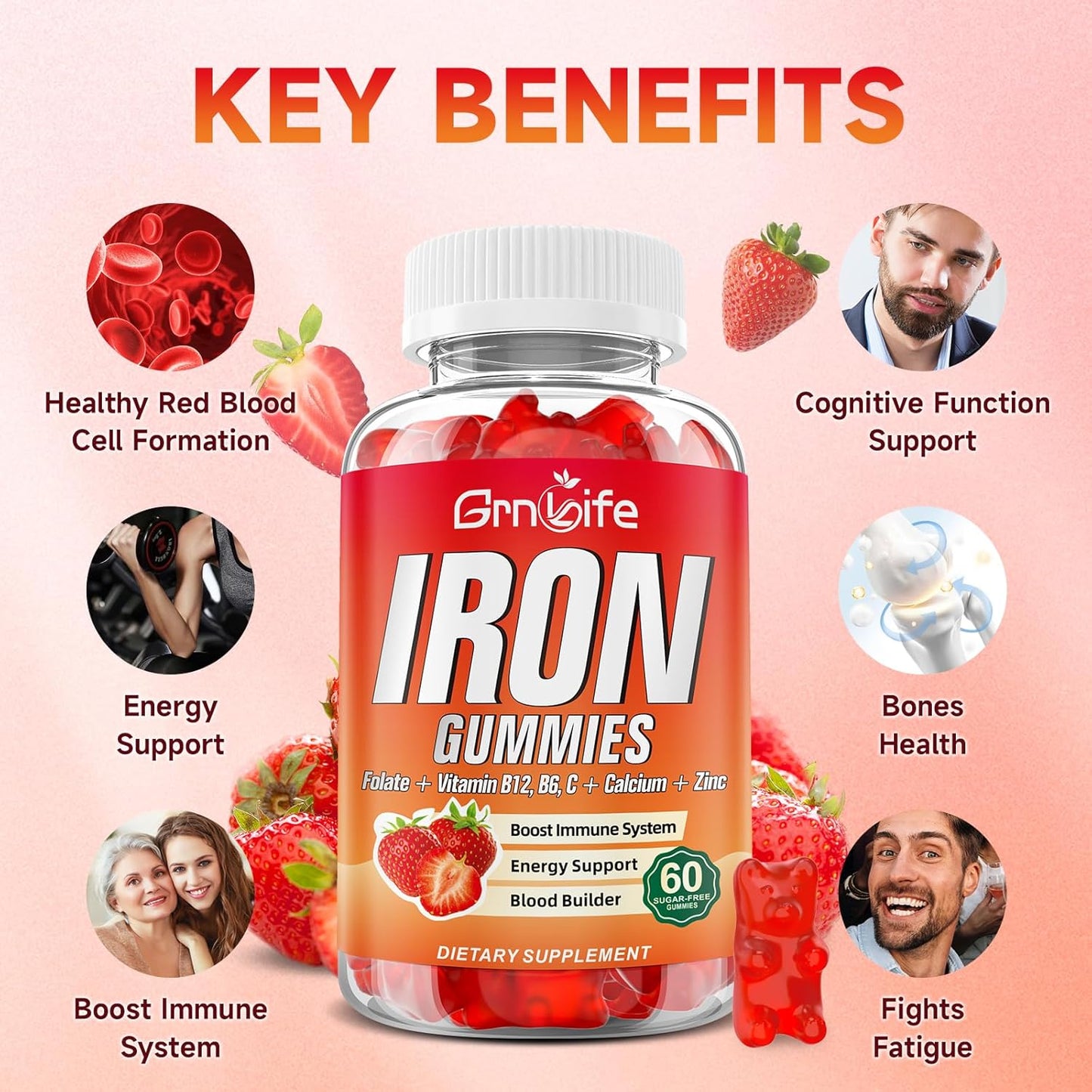 Iron Gummies with Calcium, Zinc, Folate, B12, C, B6 - Sugar Free Supplement for Blood Building & Energy Support - Anemia Relief - Strawberry Flavor - 60 Count