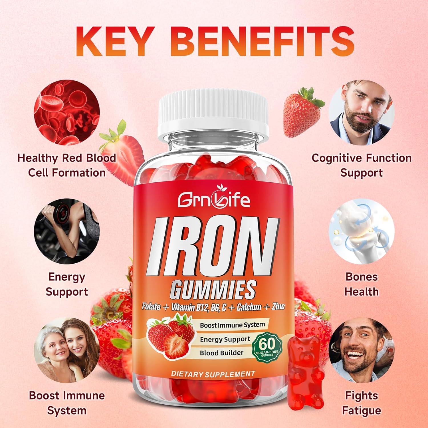 Iron Gummies with Calcium, Zinc, Folate, B12, C, B6 - Sugar Free Supplement for Blood Building & Energy Support - Anemia Relief - Strawberry Flavor - 60 Count