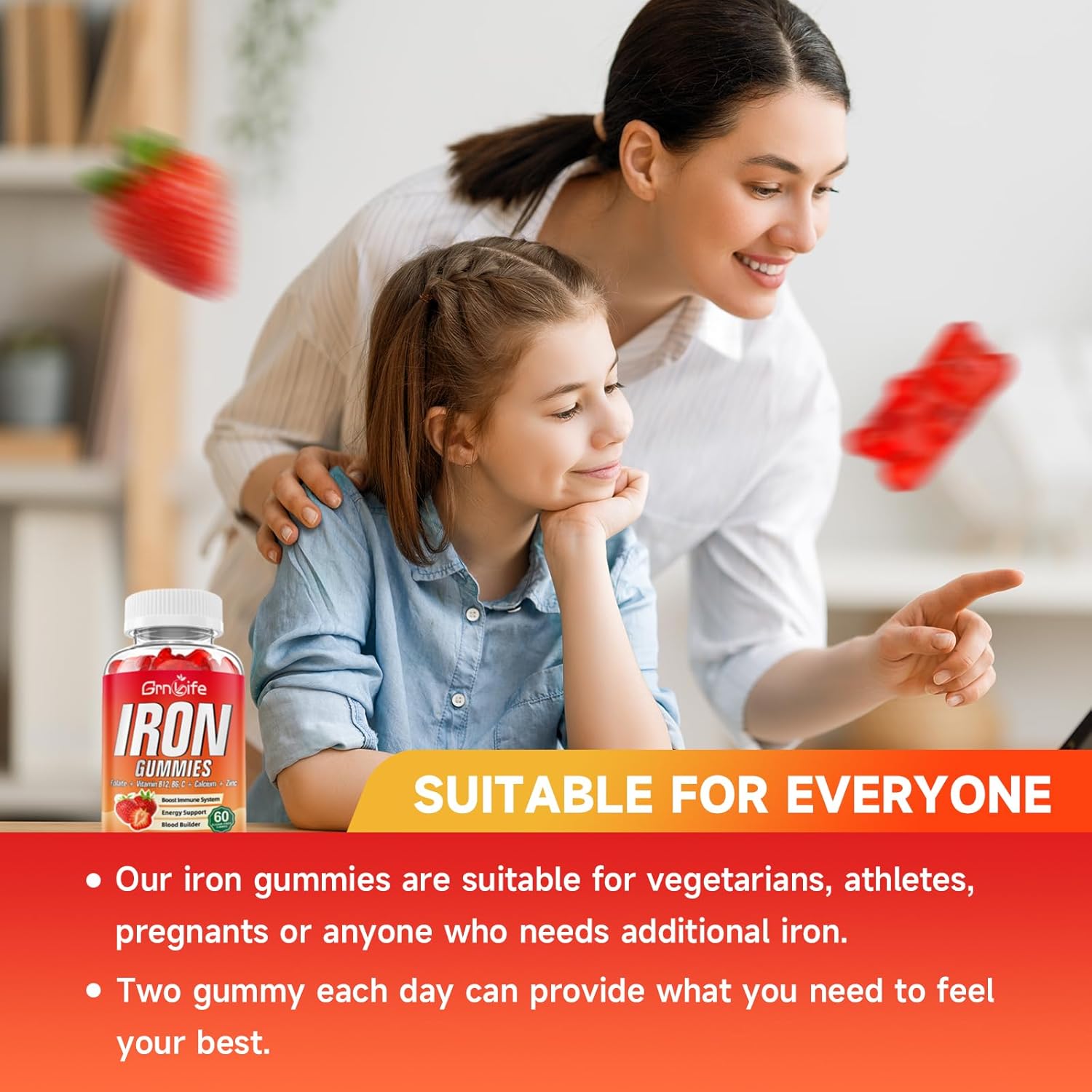 Iron Gummies with Calcium, Zinc, Folate, B12, C, B6 - Sugar Free Supplement for Blood Building & Energy Support - Anemia Relief - Strawberry Flavor - 60 Count
