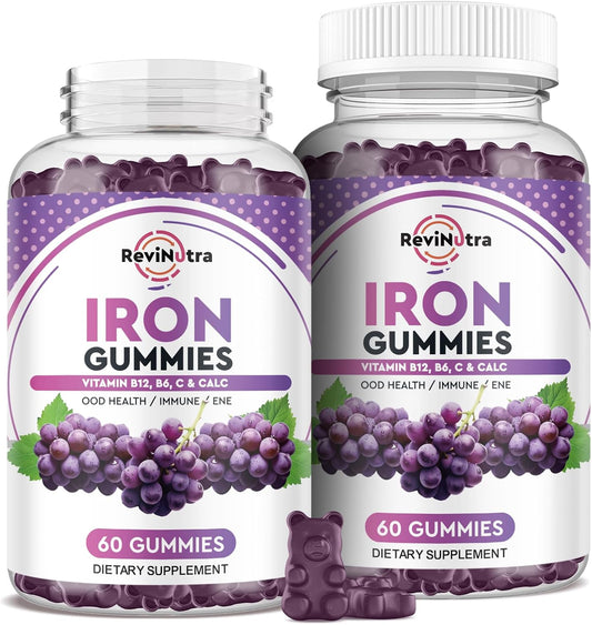 Iron Gummies with Calcium, Zinc, Folate, Vitamin B12, C, B6 - Blood Builder & Energy Support for Adults & Kids - Vegan - 2 Pack Grape Flavour, 60 Gummies