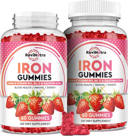 Iron Gummies with Calcium, Zinc, Folate & Vitamins - Energy & Blood Support for Adults & Kids - Vegan 2 Pack, 60 Strawberry Flavored Gummies