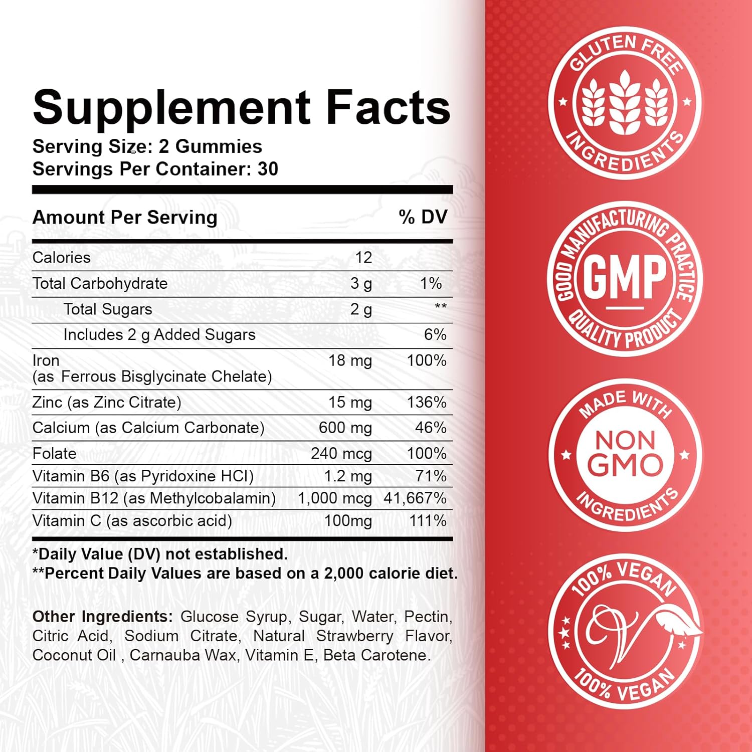 Iron Gummies with Calcium, Zinc, Folate & Vitamins - Energy & Blood Support for Adults & Kids - Vegan 2 Pack, 60 Strawberry Flavored Gummies