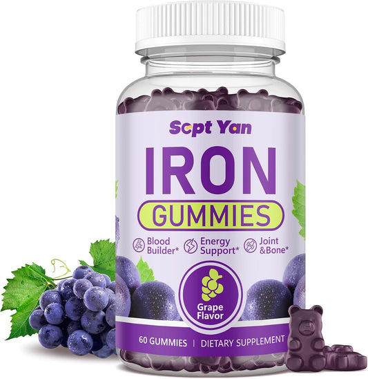 Iron Gummies with Folate, Vitamin B12, Zinc & D3 for Men and Women - Vegan, Grape Flavor, 60ct