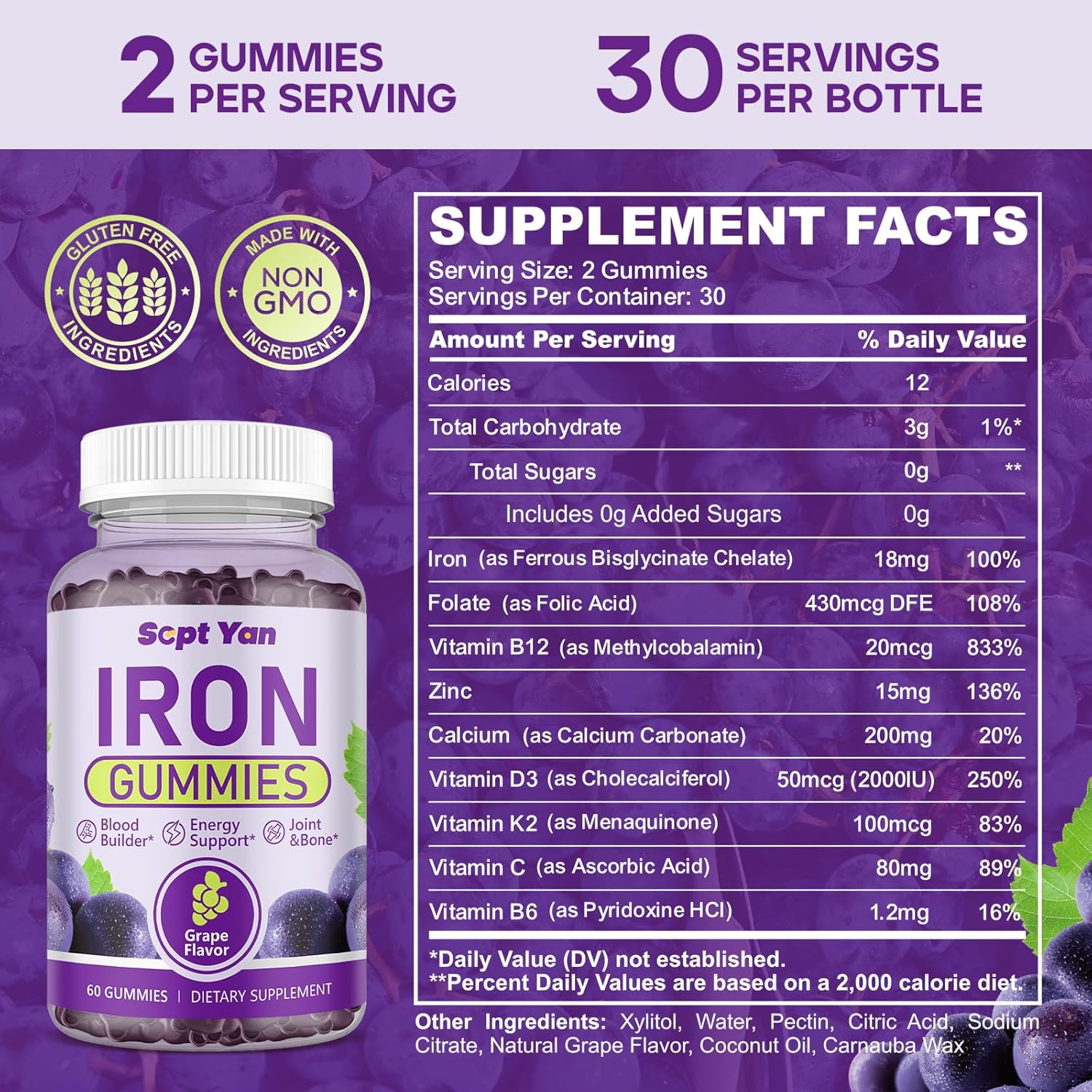 Iron Gummies with Folate, Vitamin B12, Zinc & D3 for Men and Women - Vegan, Grape Flavor, 60ct