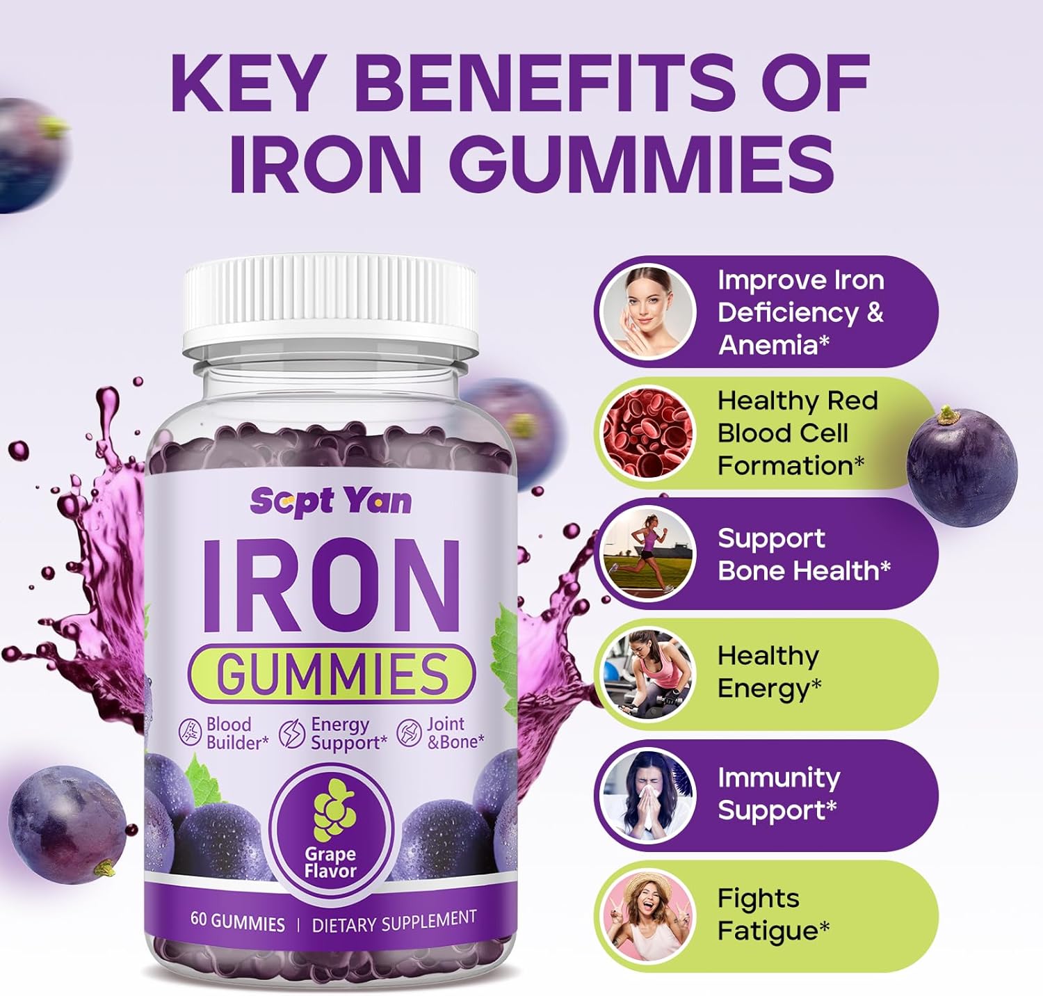 Iron Gummies with Folate, Vitamin B12, Zinc & D3 for Men and Women - Vegan, Grape Flavor, 60ct