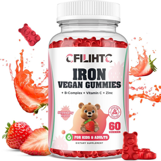 Iron Gummies with Multivitamin for Kids, Women & Men - Strawberry Flavor, Vegan - 60ct