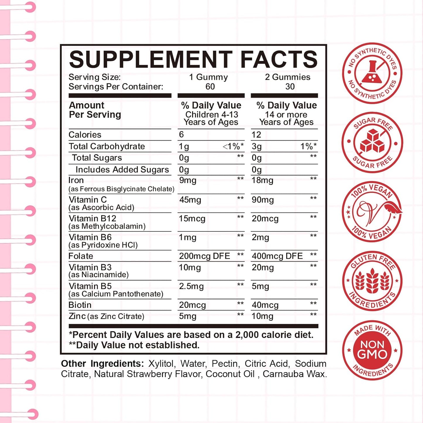 Iron Gummies with Multivitamin for Kids, Women & Men - Strawberry Flavor, Vegan - 60ct