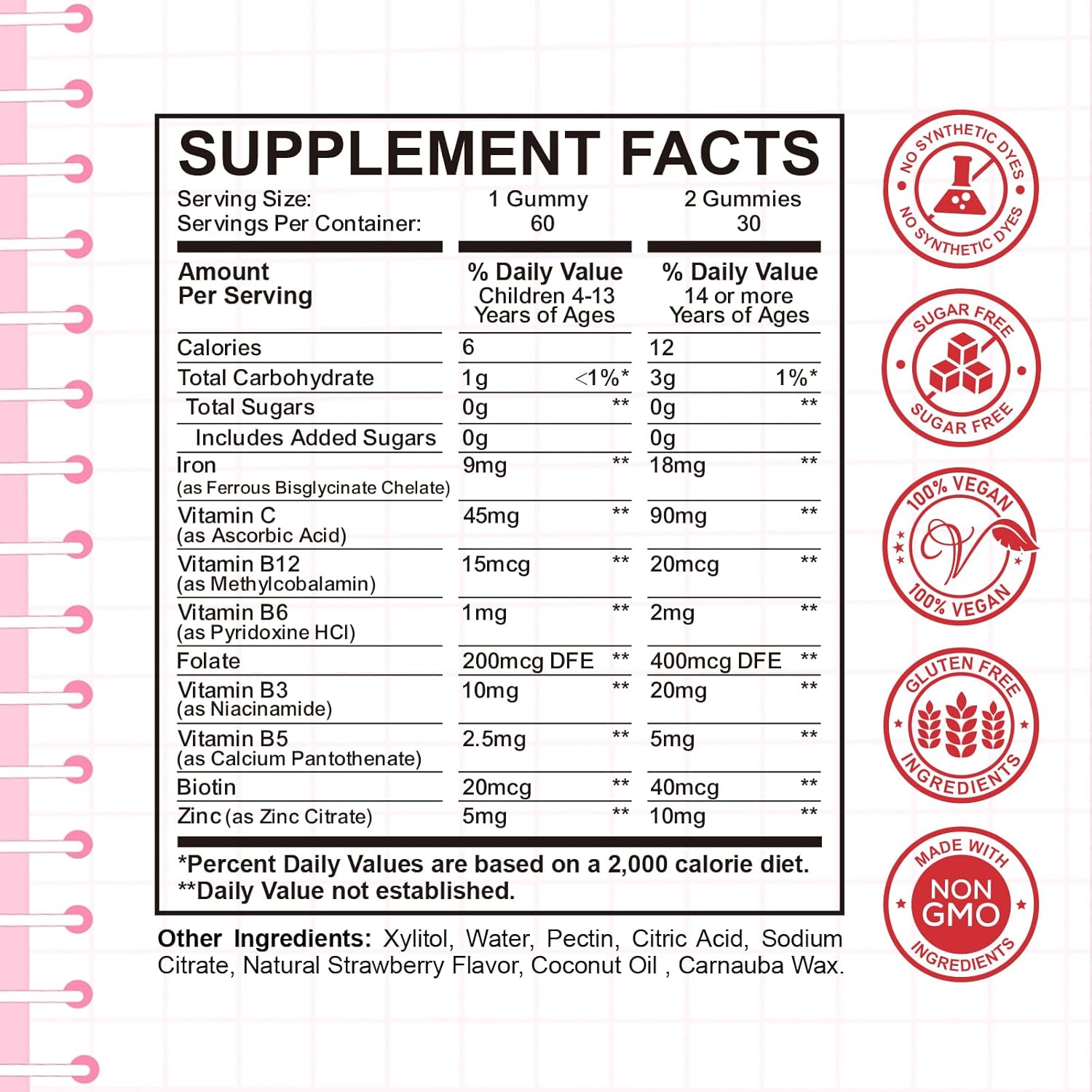 Iron Gummies with Multivitamin for Kids, Women & Men - Strawberry Flavor, Vegan - 60ct