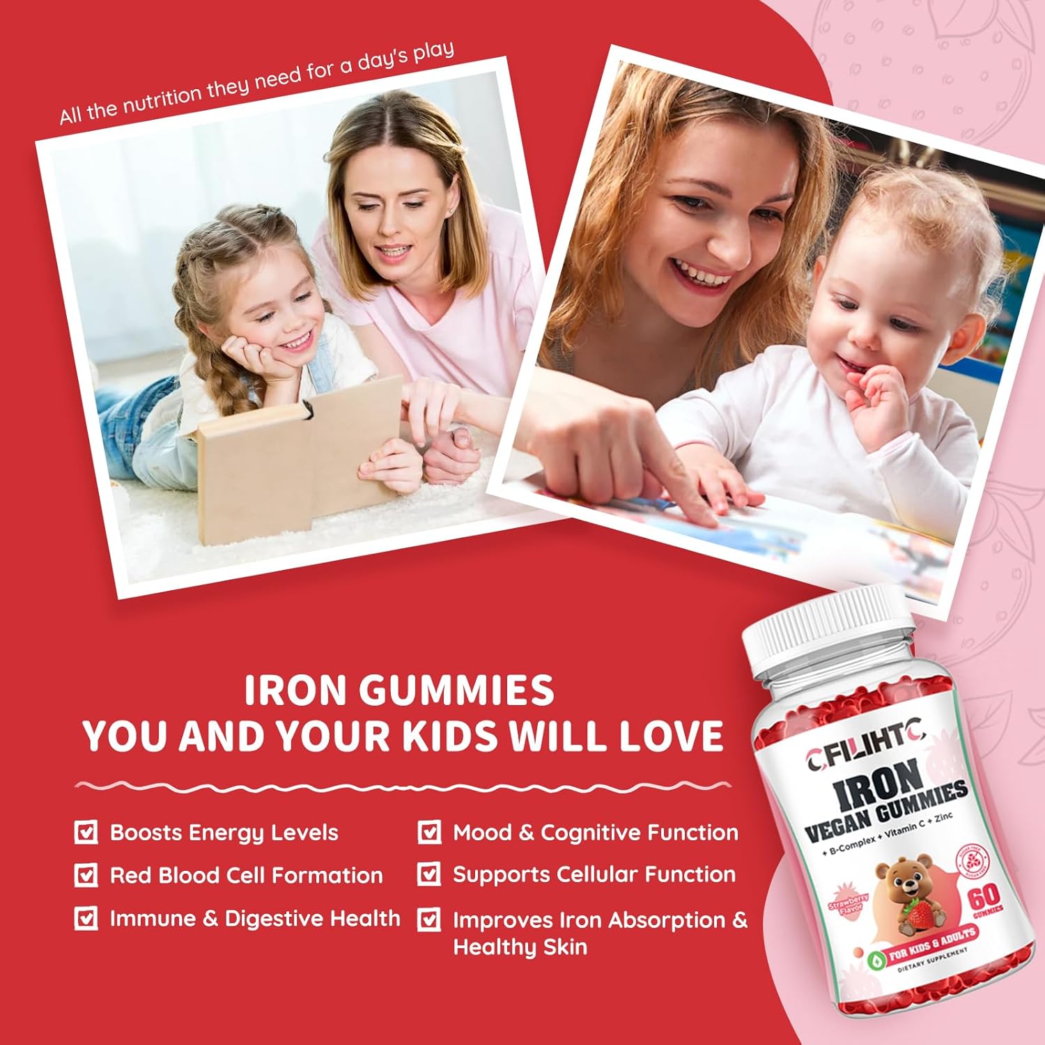 Iron Gummies with Multivitamin for Kids, Women & Men - Strawberry Flavor, Vegan - 60ct