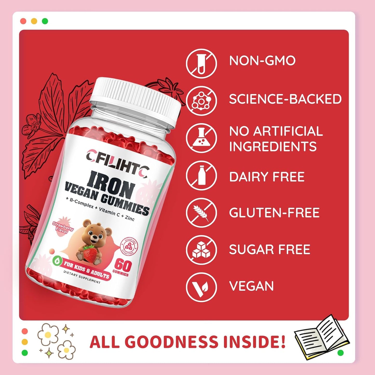 Iron Gummies with Multivitamin for Kids, Women & Men - Strawberry Flavor, Vegan - 60ct