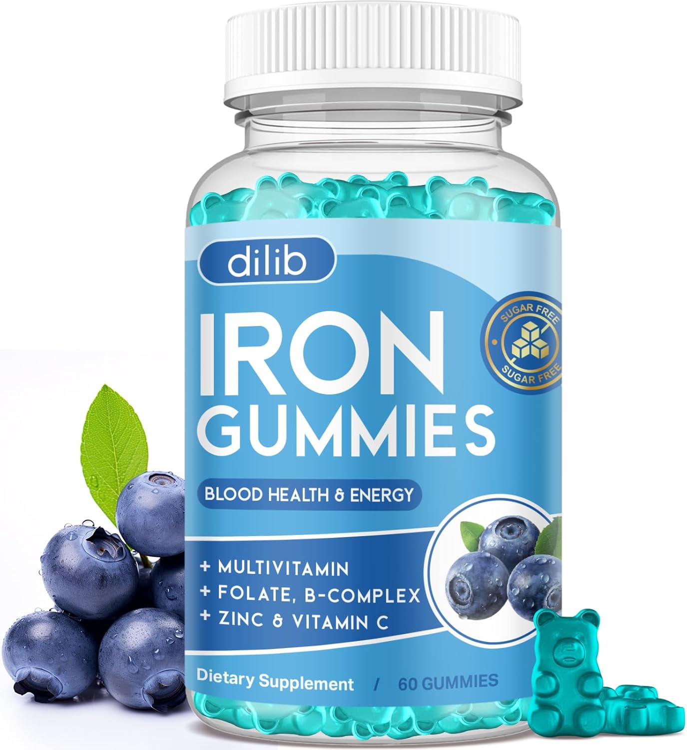 Iron Gummies with Multivitamin for Women & Men - Energy Support, Blood Builder - Vegan Blueberry Flavor - 60 Gummies