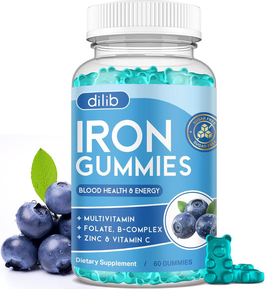 Iron Gummies with Multivitamin for Women & Men - Energy Support, Blood Builder - Vegan Blueberry Flavor - 60 Gummies