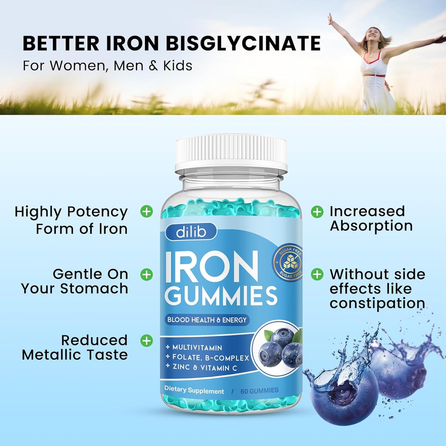 Iron Gummies with Multivitamin for Women & Men - Energy Support, Blood Builder - Vegan Blueberry Flavor - 60 Gummies