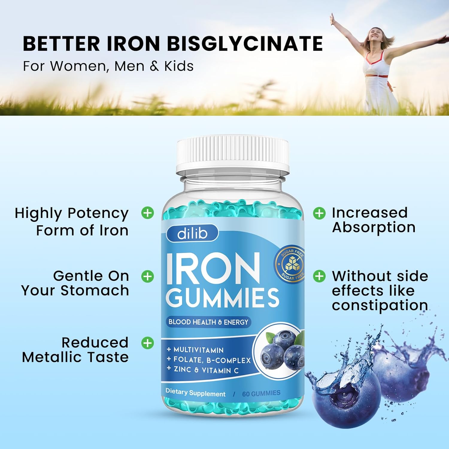 Iron Gummies with Multivitamin for Women & Men - Energy Support, Blood Builder - Vegan Blueberry Flavor - 60 Gummies