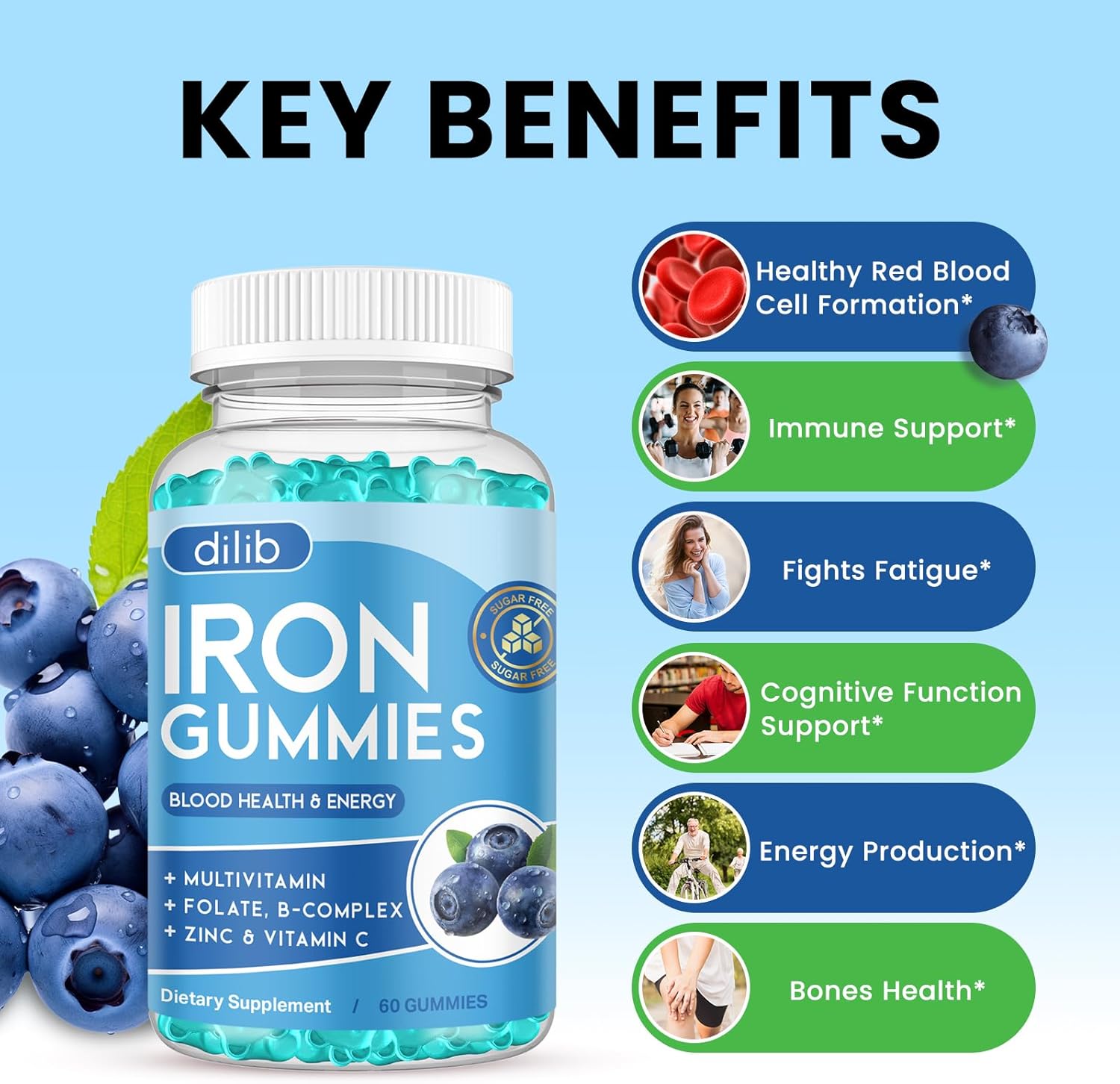 Iron Gummies with Multivitamin for Women & Men - Energy Support, Blood Builder - Vegan Blueberry Flavor - 60 Gummies