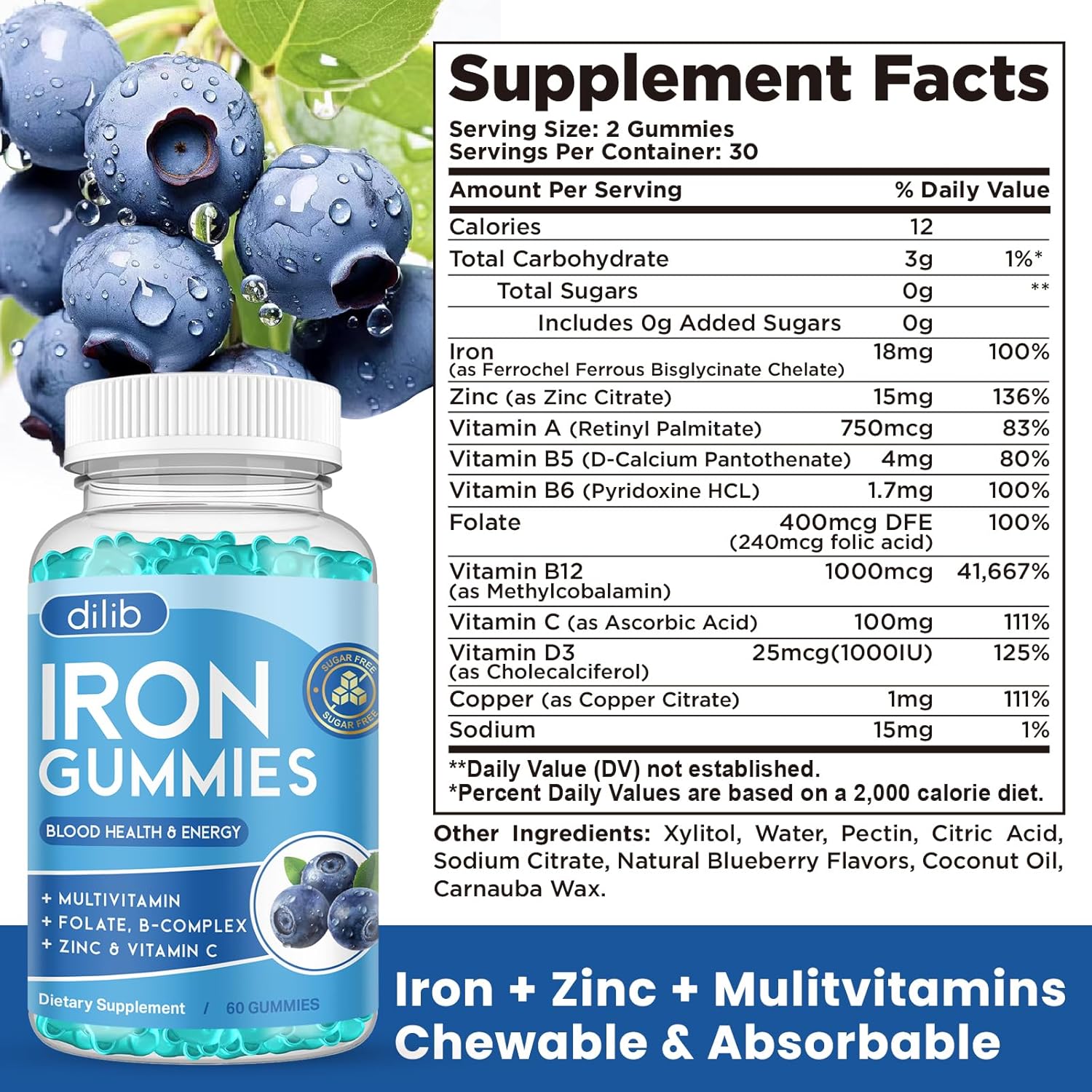 Iron Gummies with Multivitamin for Women & Men - Energy Support, Blood Builder - Vegan Blueberry Flavor - 60 Gummies