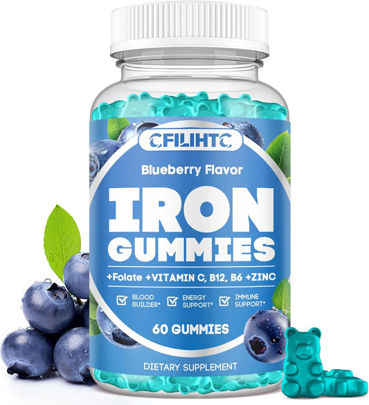Iron Gummies with Vitamin B6, B12, C, Zinc, Folate - Supports Iron Deficiency, Anemia, Energy Boost - Sugar Free Vegan - 60ct Blueberry - Adults & Kids
