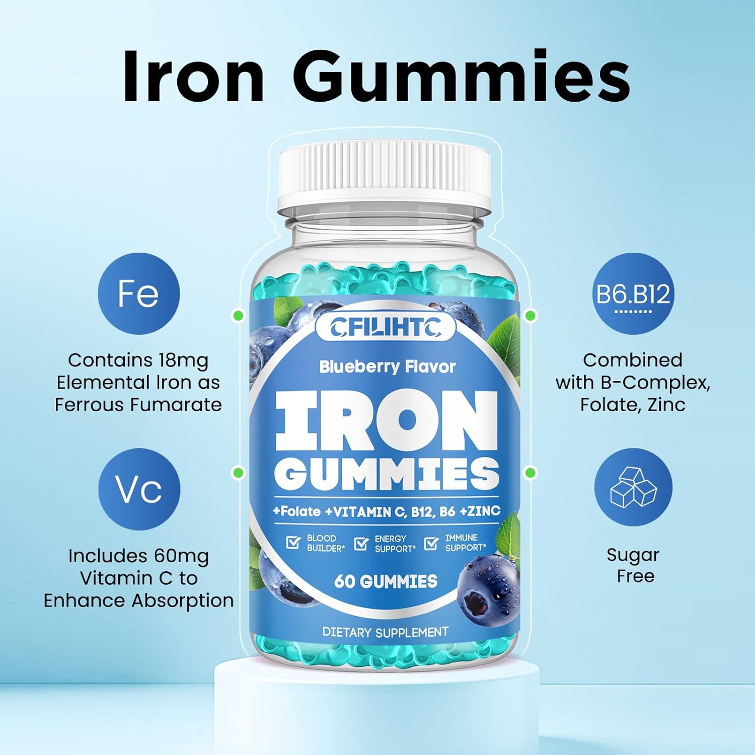 Iron Gummies with Vitamin B6, B12, C, Zinc, Folate - Supports Iron Deficiency, Anemia, Energy Boost - Sugar Free Vegan - 60ct Blueberry - Adults & Kids