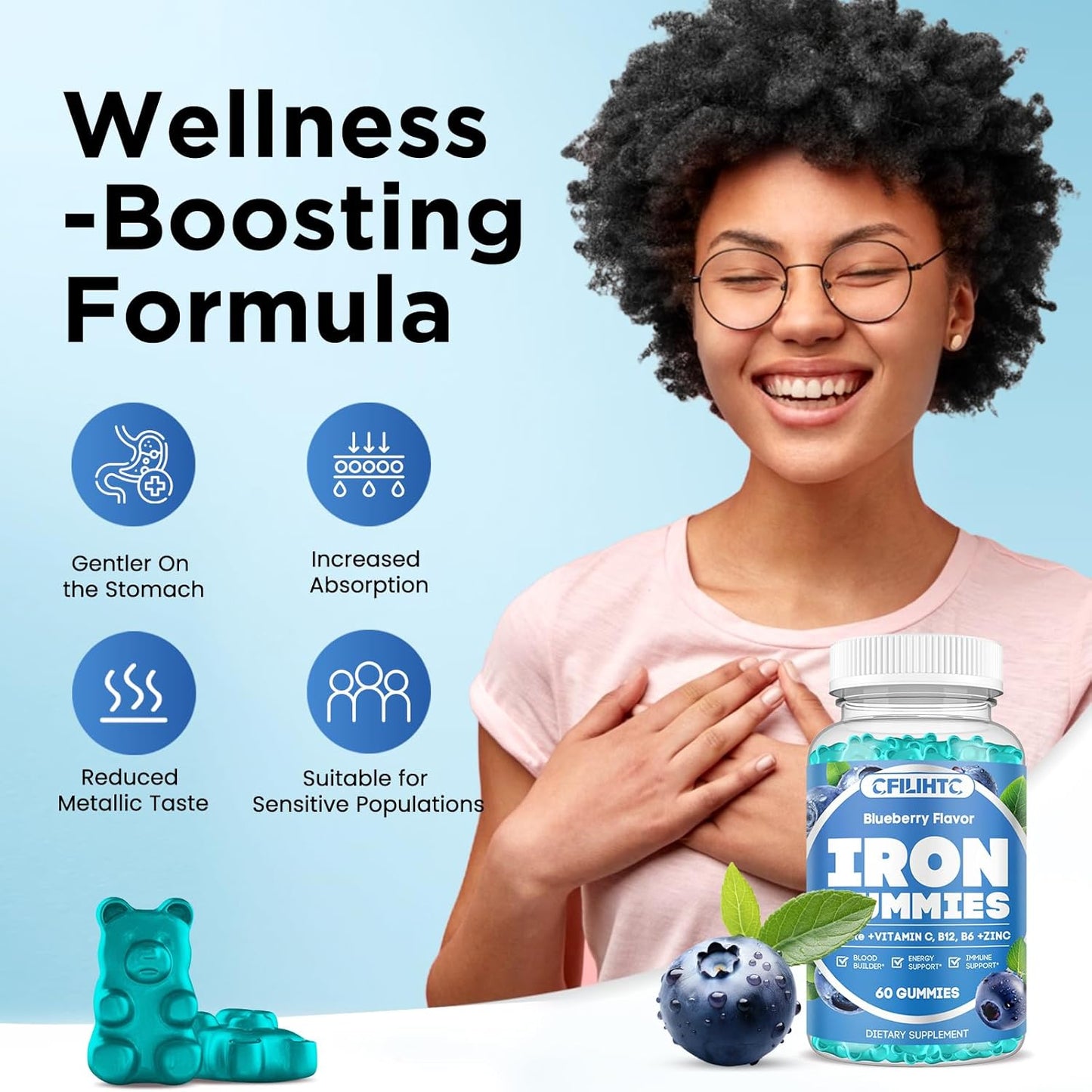 Iron Gummies with Vitamin B6, B12, C, Zinc, Folate - Supports Iron Deficiency, Anemia, Energy Boost - Sugar Free Vegan - 60ct Blueberry - Adults & Kids