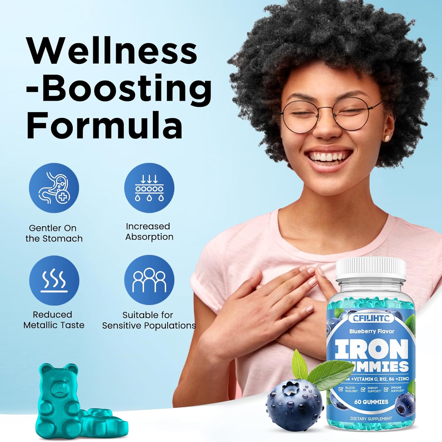 Iron Gummies with Vitamin B6, B12, C, Zinc, Folate - Supports Iron Deficiency, Anemia, Energy Boost - Sugar Free Vegan - 60ct Blueberry - Adults & Kids