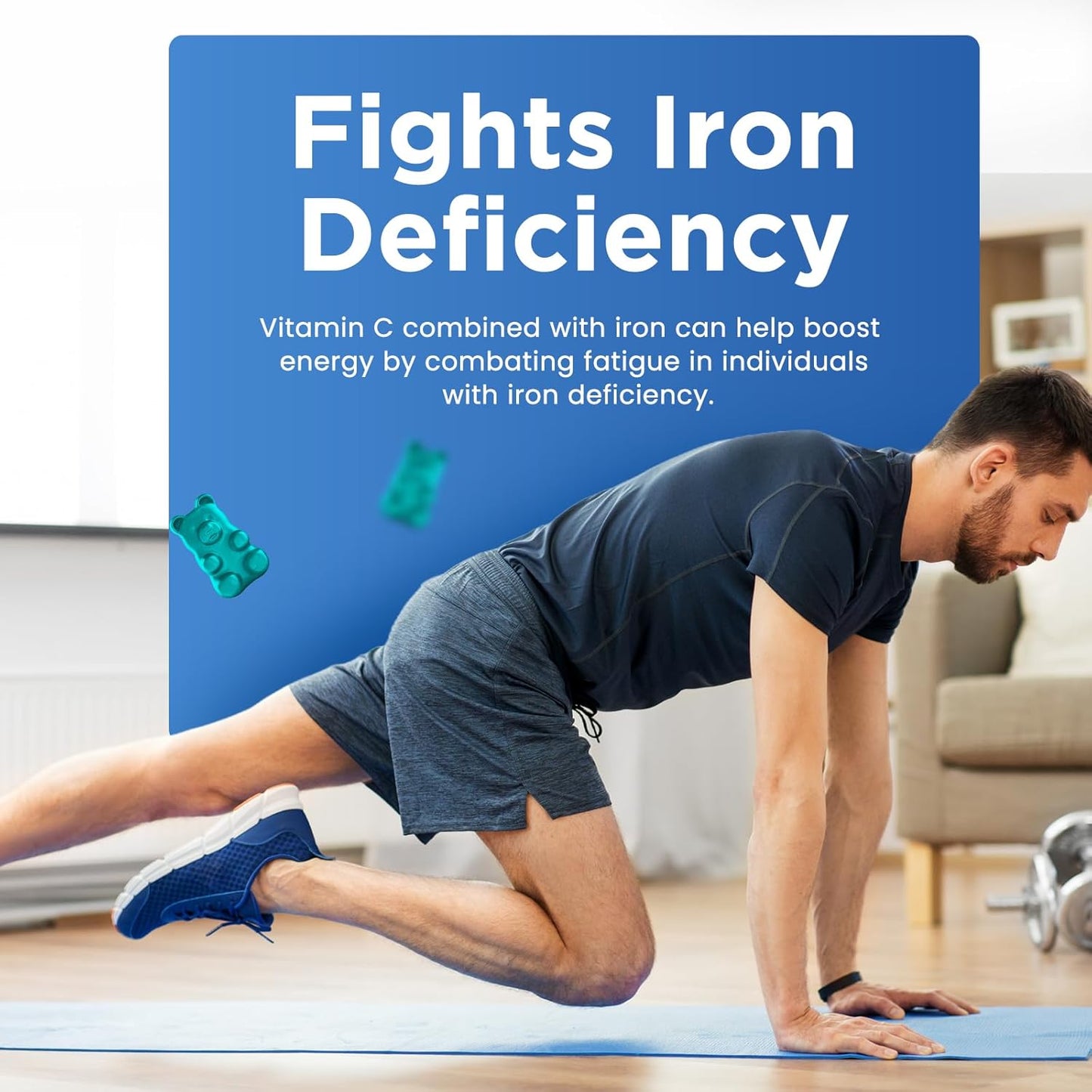 Iron Gummies with Vitamin B6, B12, C, Zinc, Folate - Supports Iron Deficiency, Anemia, Energy Boost - Sugar Free Vegan - 60ct Blueberry - Adults & Kids